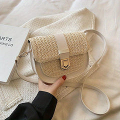 Boho Style Straw Woven Saddle Bag Mini Buckle Decor Crossbody Bag