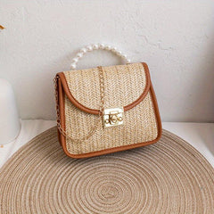Straw Square Bag Turn Lock Crossbody Chain Women's Flap Top Bag