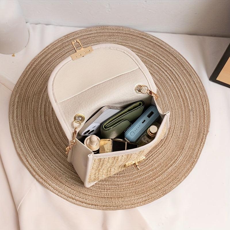 Straw Square Bag Turn Lock Crossbody Chain Women's Flap Top Bag