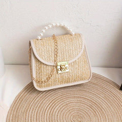 Straw Square Bag Turn Lock Crossbody Chain Women's Flap Top Bag
