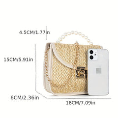 Straw Square Bag Turn Lock Crossbody Chain Women's Flap Top Bag