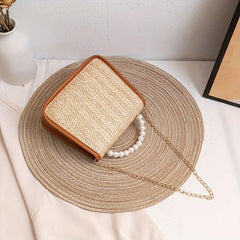 Straw Square Bag Turn Lock Crossbody Chain Women's Flap Top Bag