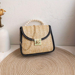 Straw Square Bag Turn Lock Crossbody Chain Women's Flap Top Bag