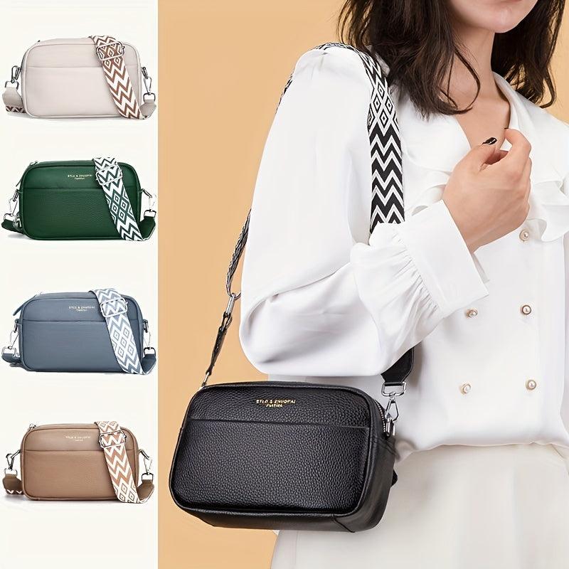 Leather Crossbody Bag Wide Guitar Strap Shoulder Bag For Women