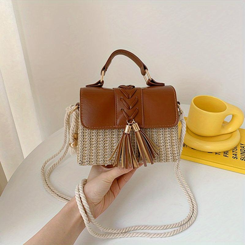 Tassel Decor Straw Woven Handbags Mini Crossbody Beach Bag