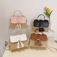 Tassel Decor Straw Woven Handbags Mini Crossbody Beach Bag