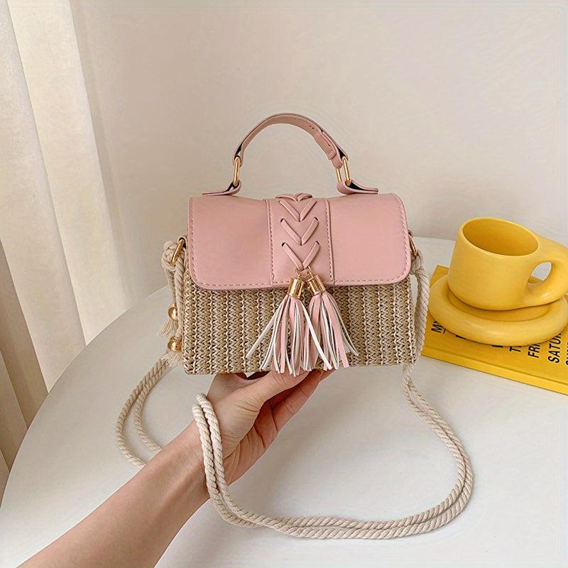 Tassel Decor Straw Woven Handbags Mini Crossbody Beach Bag