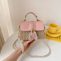 Tassel Decor Straw Woven Handbags Mini Crossbody Beach Bag