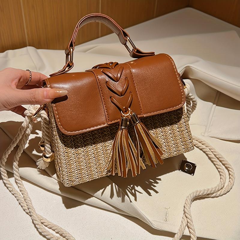 Tassel Decor Straw Woven Handbags Mini Crossbody Beach Bag