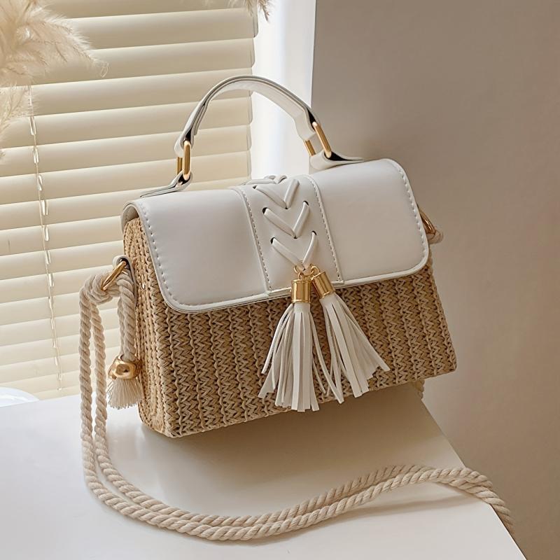 Tassel Decor Straw Woven Handbags Mini Crossbody Beach Bag