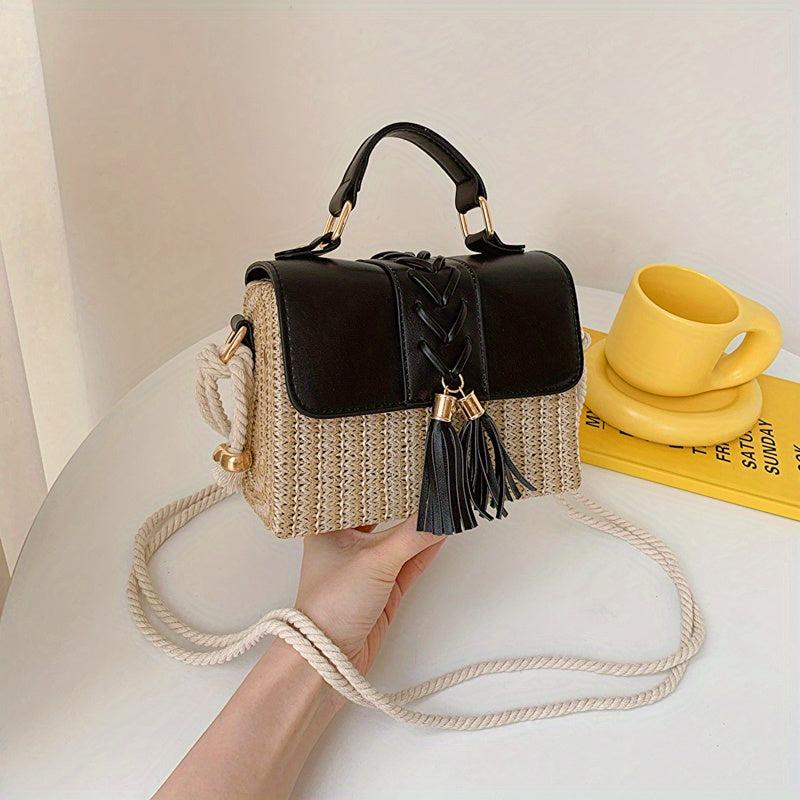 Tassel Decor Straw Woven Handbags Mini Crossbody Beach Bag