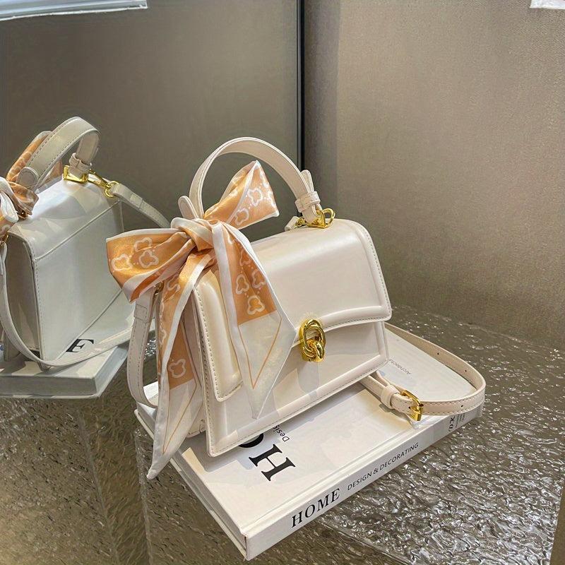 Embossed Square Handbag Scarf Decor Small Crossbody Bag