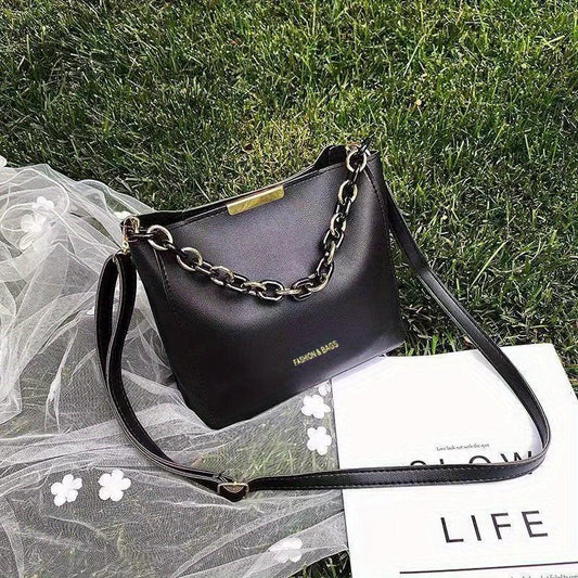 Chain Decor Bucket Bag Faux Leather Crossbody Handbag Small Shoulder Purse