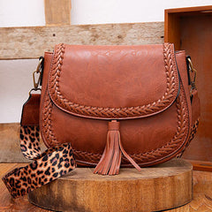 Leopard Crossbody Saddle Bag w/ Tassel Trim & Convertible Strap