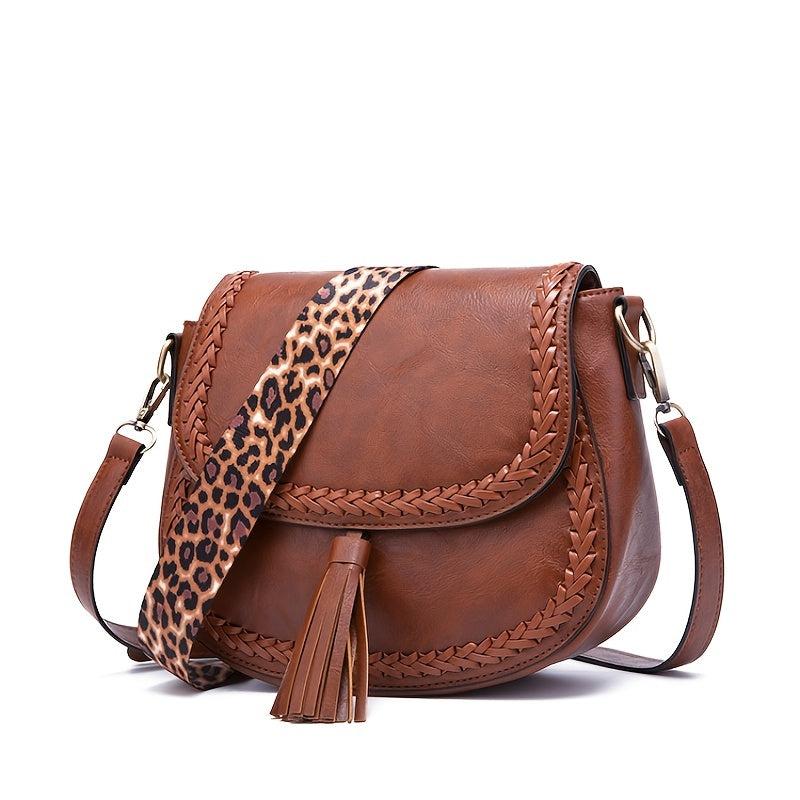Leopard Crossbody Saddle Bag w/ Tassel Trim & Convertible Strap