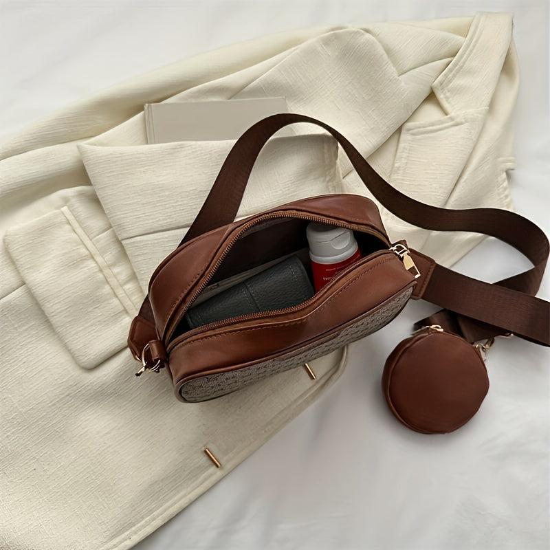 Vintage Wide Strap Square Crossbody Bag PU Leather Textured Bag Purse