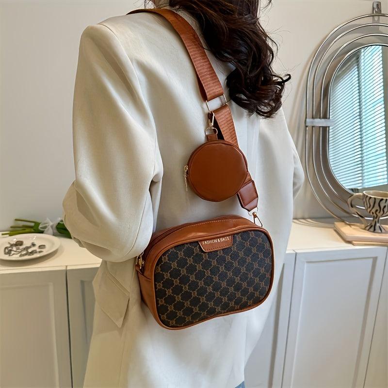Vintage Wide Strap Square Crossbody Bag PU Leather Textured Bag Purse