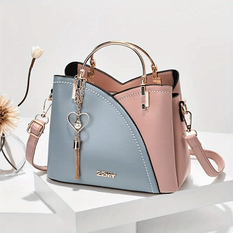 Large Capacity Tote Bag Block PU Leather Handbag Women's Casual Versatile Crossb
