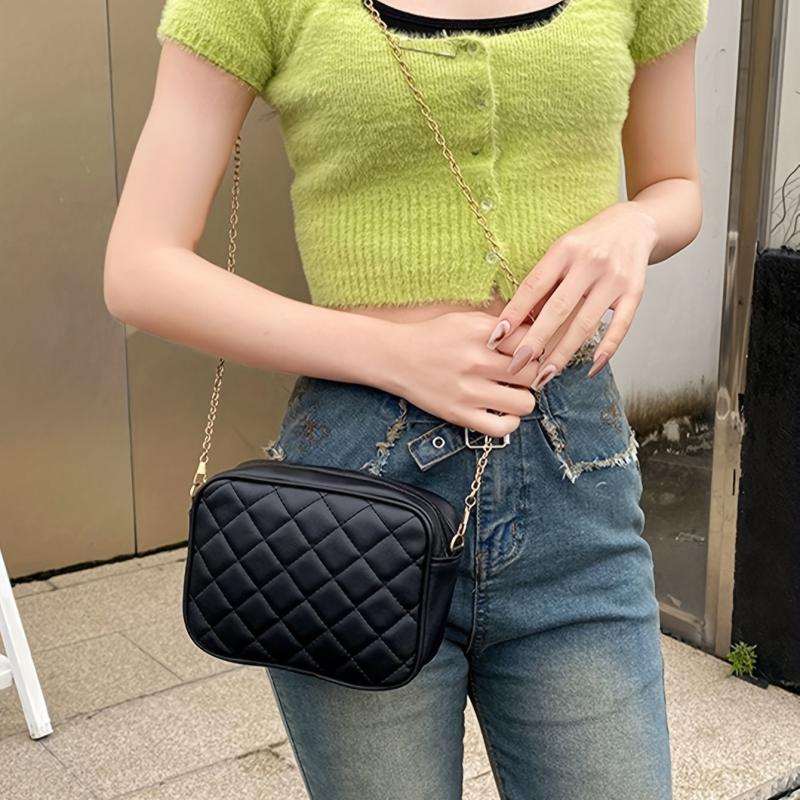Quilted Chain Crossbody Bag Mini Square Purse Faux Leather Camera Bag