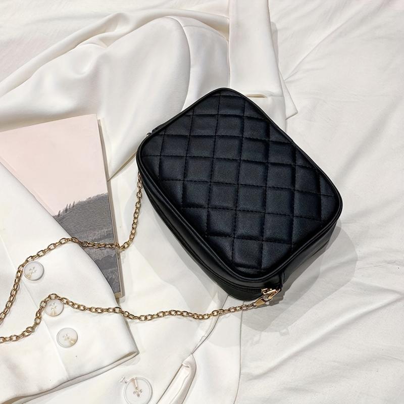 Quilted Chain Crossbody Bag Mini Square Purse Faux Leather Camera Bag