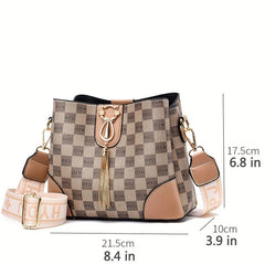 Plaid Pattern Zipper Shoulder Bag Letter Print Casual Shoulder Bag