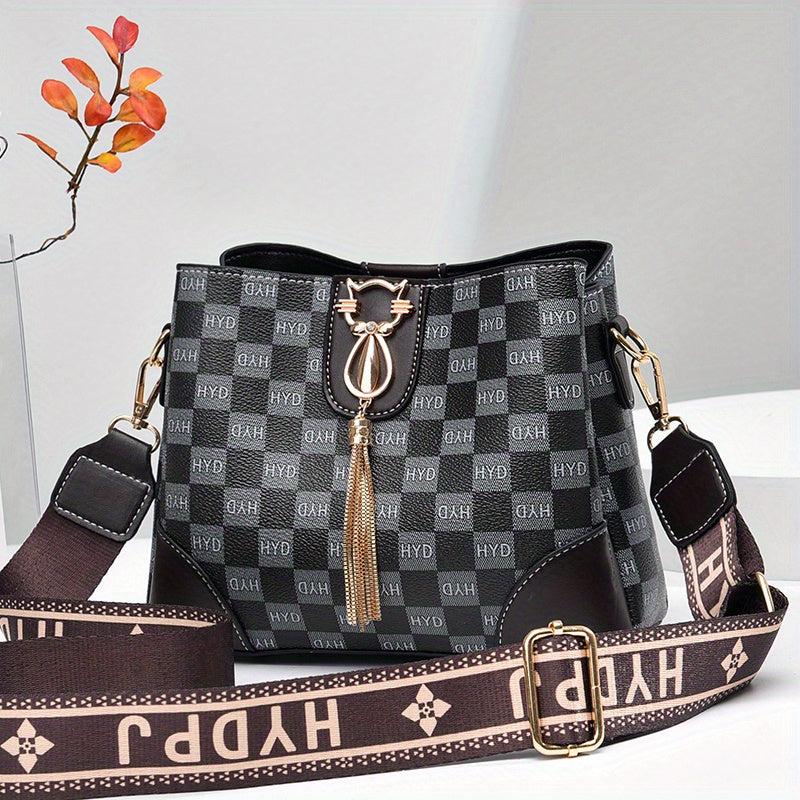 Plaid Pattern Zipper Shoulder Bag Letter Print Casual Shoulder Bag
