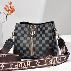 Plaid Pattern Zipper Shoulder Bag Letter Print Casual Shoulder Bag