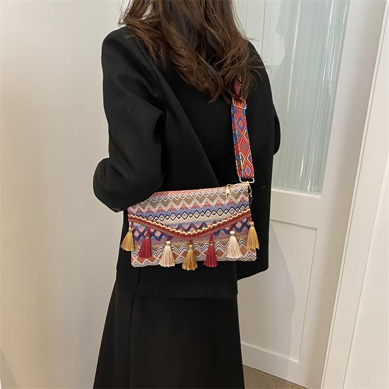 Ethnic Style Crossbody Bag Women's Tassel Decor Flap Purse Canvas Shoulder Bag
