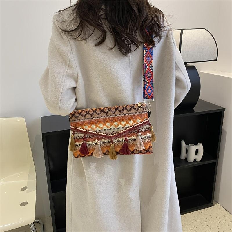 Ethnic Style Crossbody Bag Women's Tassel Decor Flap Purse Canvas Shoulder Bag