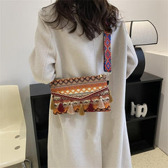 Ethnic Style Crossbody Bag Women's Tassel Decor Flap Purse Canvas Shoulder Bag