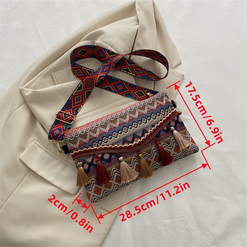 Ethnic Style Crossbody Bag Women's Tassel Decor Flap Purse Canvas Shoulder Bag