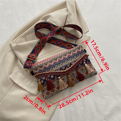 Ethnic Style Crossbody Bag Women's Tassel Decor Flap Purse Canvas Shoulder Bag