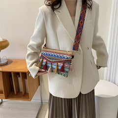 Ethnic Style Crossbody Bag Women's Tassel Decor Flap Purse Canvas Shoulder Bag