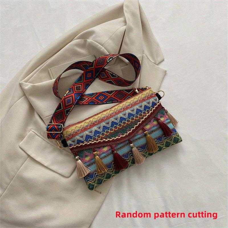 Ethnic Style Crossbody Bag Women's Tassel Decor Flap Purse Canvas Shoulder Bag