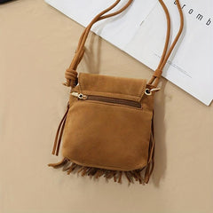 Boho Style Suede Crossbody Bag with Tassel Flap Purse Vintage Fringe