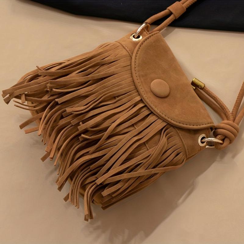 Boho Style Suede Crossbody Bag with Tassel Flap Purse Vintage Fringe