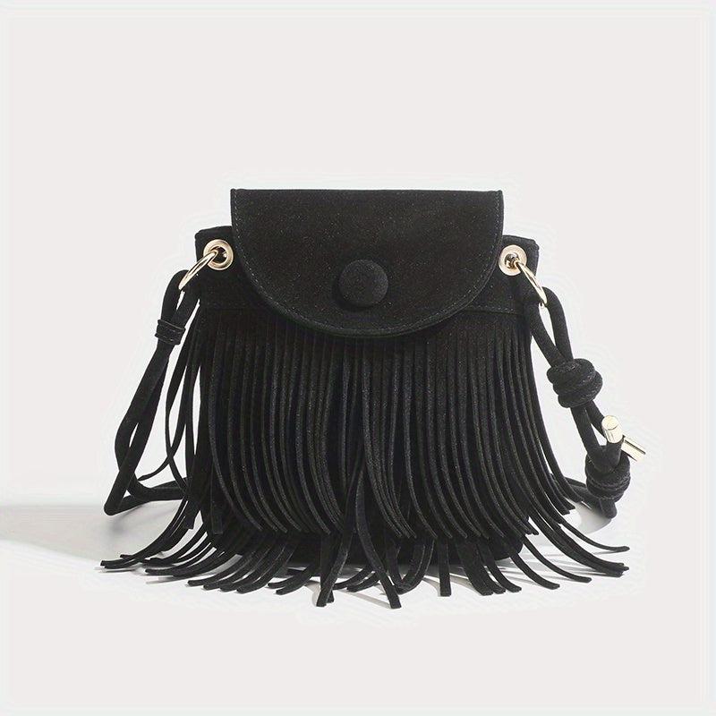 Boho Style Suede Crossbody Bag with Tassel Flap Purse Vintage Fringe