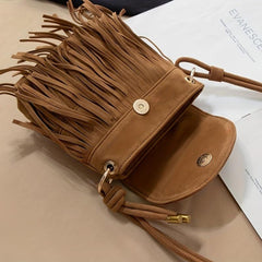 Boho Style Suede Crossbody Bag with Tassel Flap Purse Vintage Fringe