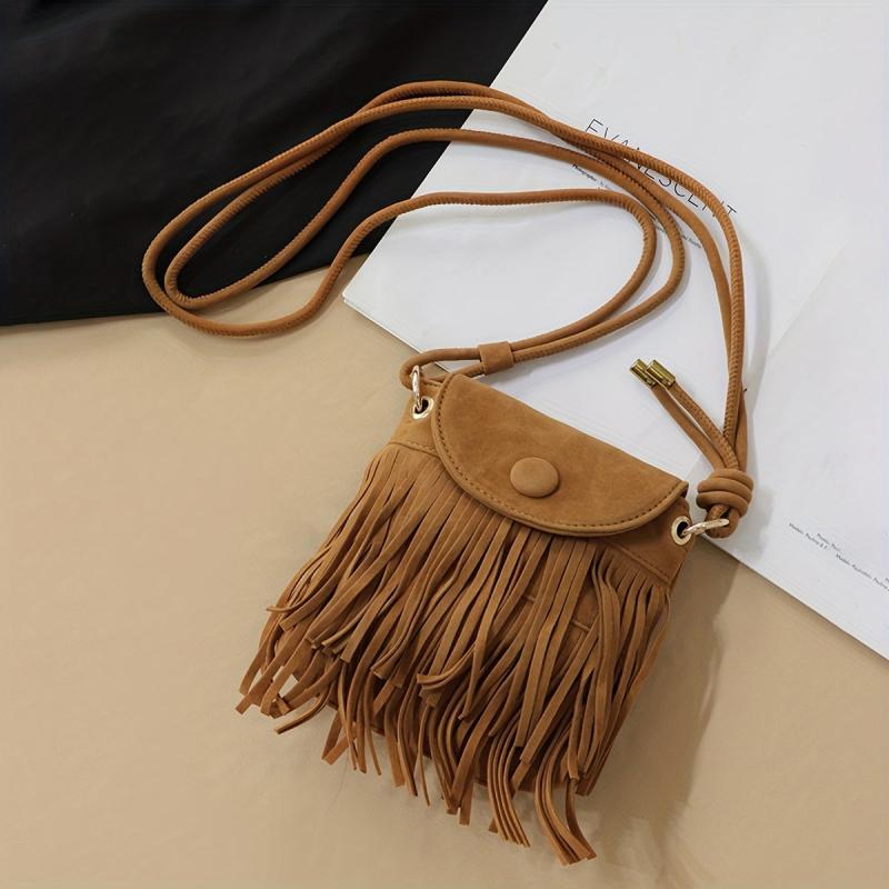 Boho Style Suede Crossbody Bag with Tassel Flap Purse Vintage Fringe