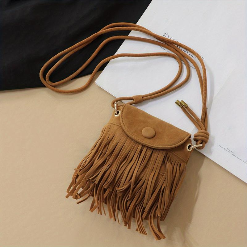 Boho Style Suede Crossbody Bag with Tassel Flap Purse Vintage Fringe