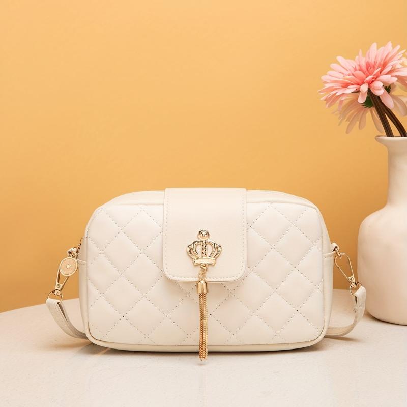 Square Bag Argyle Pattern Crossbody Bag With Crown Button & Tassel