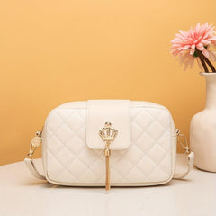 Square Bag Argyle Pattern Crossbody Bag With Crown Button & Tassel