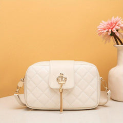 Square Bag Argyle Pattern Crossbody Bag With Crown Button & Tassel