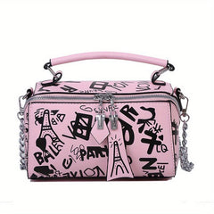 Graffiti Chain Crossbody Bag Small Zipper Box Purse