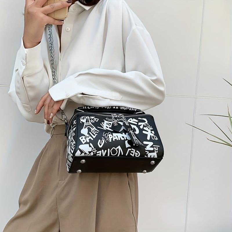 Graffiti Chain Crossbody Bag Small Zipper Box Purse