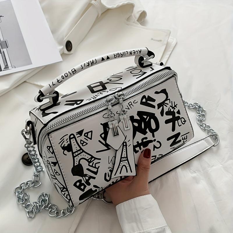 Graffiti Chain Crossbody Bag Small Zipper Box Purse