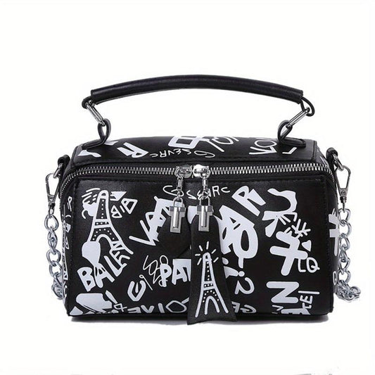 Graffiti Chain Crossbody Bag Small Zipper Box Purse