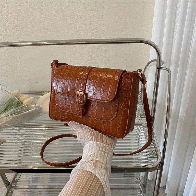 Crocodile Embossed Square Shoulder Bag Solid Crossbody Bag