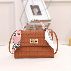 Plaid Embossed Square Bag Crossbody Bag With Scarf Decor