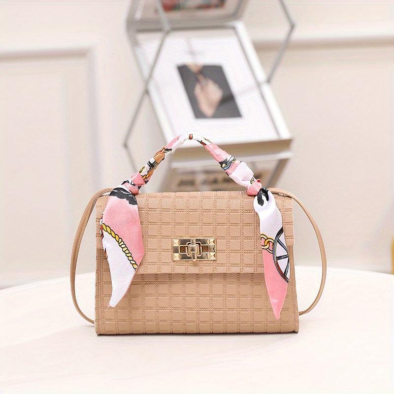 Plaid Embossed Square Bag Crossbody Bag With Scarf Decor